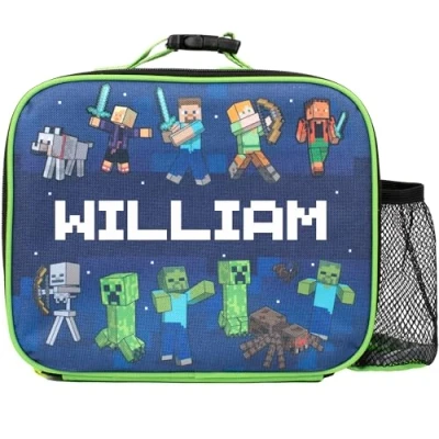 Imagen de Minecraft bolsa de almuerzo personalizada para niños, aperitivos aislada niños y niñas, personalización nombre, color azul oscuro