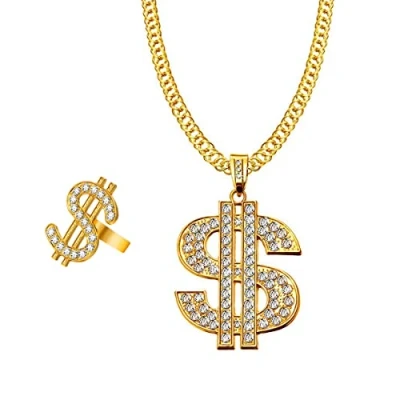 Imagen de Liitata Juego de 2 anillos con signo dólares, collares, colgantes cadenas raperos punk oro los años 80, accesorios para disfraces hombre, carnaval, fiestas temáticas
