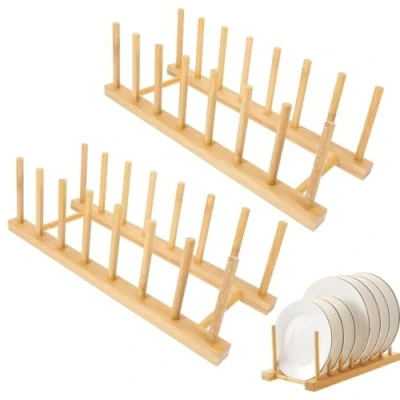 Imagen de JJiaoLinin Estantes de Bambú para Cocina, 2 Pcs Scurreplatos Madera Bambú, Soporte Platos Armarios Apto Almacenamiento CD, Libro,Platos, Tazas, Tabla Cortar