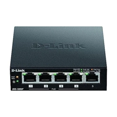 Imagen de D Link DES 1005P/E Switch PoE+ con 5 Puertos 10/100 Mbps, 4 PoE 802.3af/802.3at de hasta 30 W por puerto y un total 60 W, carcasa metálica, Full Duplex