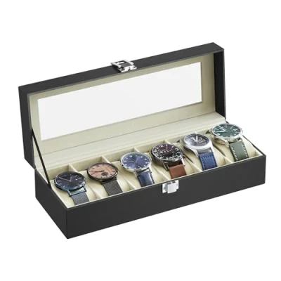 Imagen de SONGMICS JWB06BE caja de reloj con 6 ranuras, reloj, pantalla, tapa cristal, almohadillas extraíbles, cerradura metal, revestimiento negro y forro color beige verdoso