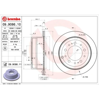 Imagen de BREMBO COATED DISC LINE 09.9086.11 Disco de freno 329 18 5 ventilación interna revestido TOYOTA: Land Cruiser 100