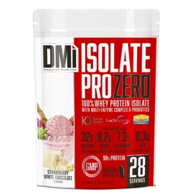 Imagen de DMI proteína ISOLATE PRO ZERO para Recuperación y Desarrollo Muscular 100% Aislado de suero con DigeZyme® LactoSpore Sin Azúcares Añadidos (1 Kg, Strawberry White Chocolate)