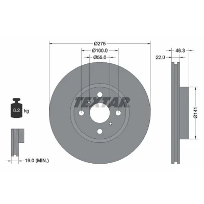 Imagen de TEXTAR 92156200 Disco de freno 275 22 04/06 100 ventilación interna sin perno sujeción rueda, buje rueda TOYOTA: Yaris II Hatchback