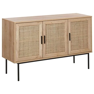 Imagen de Beliani Aparador de 3 Puertas Madera Clara Frente ratán Natural 76 x 120 cm Patas Metal Mimbre Estilo Boho Pasco