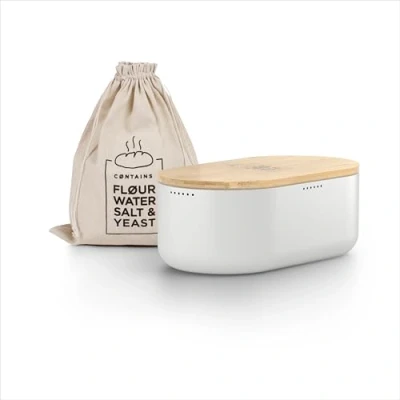 Imagen de LARS NYSØM Panera I Recipiente para Pan con Bolsa incluida Hecha de Lino una frescura particularmente Duradera Caja Tapa bambú Adaptable como Tabla Cortar (Pure White)