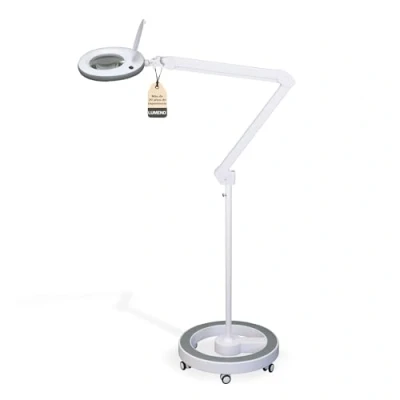 Imagen de Lumeno lámpara de aumento LED 7215GR, lente cristal 127 mm, trabajo, cosmética, adecuada para cosméticos, aficionados, ayuda a la lectura, 5 dioptrías gris con trípode rodante