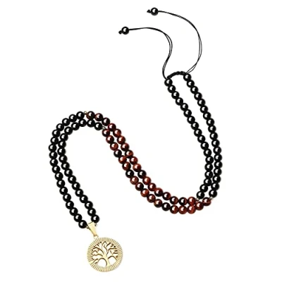Imagen de COAI Collar Unisex con 108 Cuentas de Ojo Tigre Rojo y Obsidiana Amuleto Árbol la Vida
