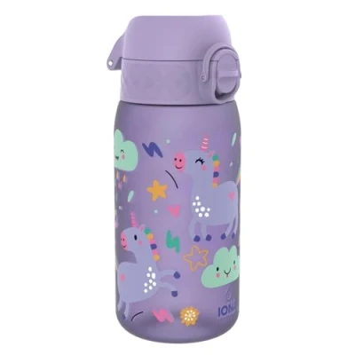 Imagen de ION8 Botella de Agua para Niños, 350ml, a Prueba Fugas, Fácil Abrir, Cerradura Segura, Apta Lavavajillas, Sin BPA, Asa Transporte, Limpiar, Neutro en Carbono, Unicornios Púrpura