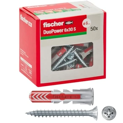 Imagen de fischer 544016 Duopower Tacos para Pared Completa, ladrillo Perforado, Yeso, Gris, 6 x 30 mm, Set de 50 Piezas