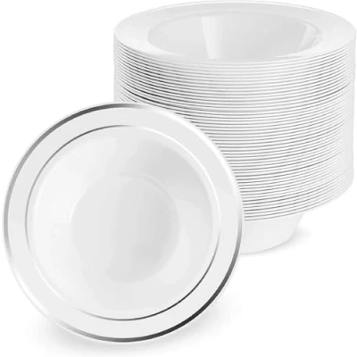 Imagen de MATANA 25 Cuencos de Plástico Blanco con Borde Plateado, 360ml Sopa, Platos Hondos para Bodas, Cumpleaños, Barbacoas, Fiestas Resistentes y Reutilizables