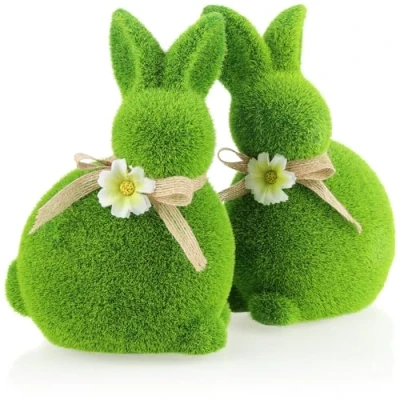 Imagen de com four® 2X Figura Decorativa Conejito de Pascua con Lazo y Flores Conejo cerámica para Primavera Par Conejos Cubiertos césped Artificial (02 x 20 cm)