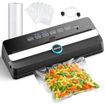 Imagen de Envasadora al vacío GERYON, Máquina Automática con Cortador Integrado Modos Alimentos Secos/Húmedos LED Indicador Fácil Limpieza Diseño Compacto Kit Inicial. doméstico y envasado