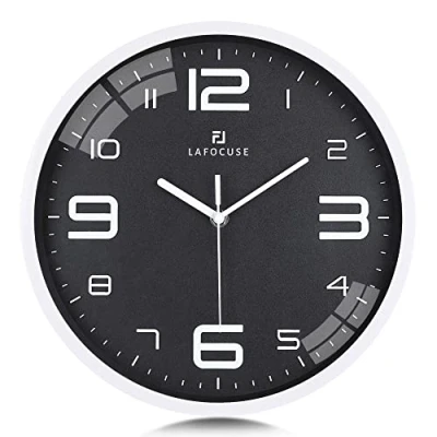 Imagen de Lafocuse Reloj de Pared Negro Silencioso, Números 3D Grandes Cuarzo, Moderno Interior Decorativos para Cocina Dormitorio Salon 30 cm
