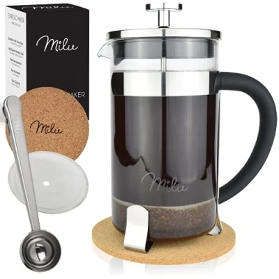 Imagen de Milu Cafetera francesa 350ml, 600ml, 1L prensa embolo de vidrio French Press Tetera leche chocolate café (Acero inoxidable, 600ml (3 tazas)