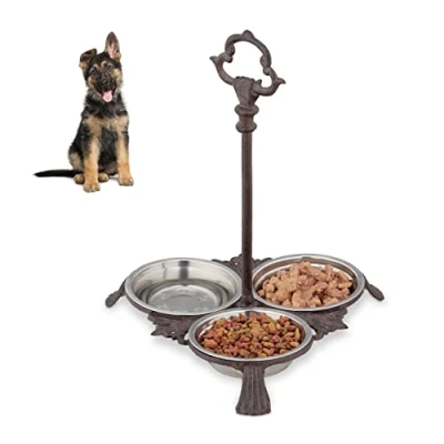 Imagen de relaxdays Comedero Perro y Gato, 3 Cuencos de 200 ml, Bebedero Exterior, Hierro Fundido Acero Inoxidable, 1 Ud, Marrón