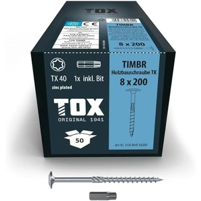 Imagen de TOX Tornillos para construcción de madera TIMBR TK 6,0 x 200 mm, azul galvanizado con cabeza disco, TX30, 100 unidades en una caja, incl. 1x broca, 1120804160200