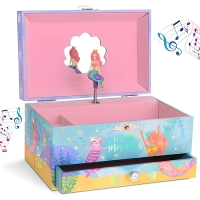 Imagen de Jewelkeeper Caja Joyero para Niñas con Cajón Extraíble, Diseño de Sirena Arcoíris y Lámina Oro Melodía Sobre las Olas