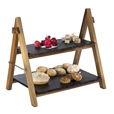 Imagen de APS serving rack/etagere Estante de 2 niveles madera acacia con dos platos pizarra plegable, lavable también apto para fríos y refrigerar