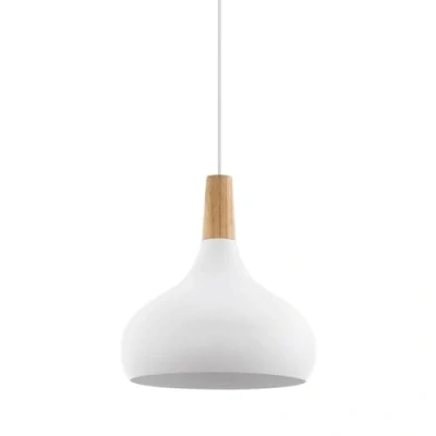 Imagen de Eglo lámpara colgante Sabinar, en suspensión de 1 bombilla, acero y madera, color blanco, marrón, casquillo E27, diámetro 28 cm, certificado FSC