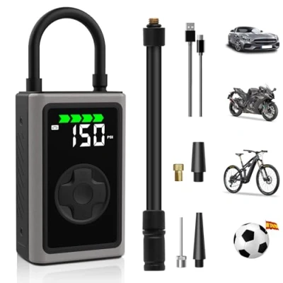 Imagen de Hexinex 6500mAh Compresor Aire Portatil, Inflador Eléctrico 150 PSI Mini Bomba de con Pantalla LCD Digital, Linterna LED Ruedas Coche LED, Coche,Moto, Pelotas