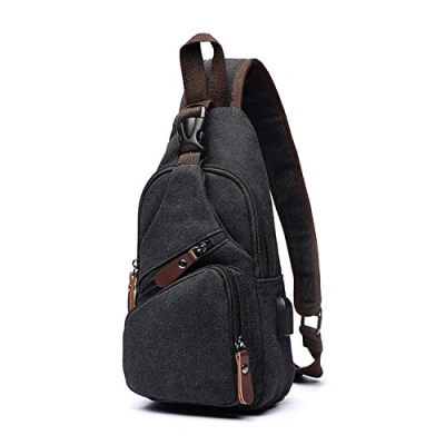 Imagen de FANDARE Bolsa de Pecho Hombre Lona Deportiva Hombro Bandoleras Cruzada con USB Mochila,Mochilas Pequeñas para Ciclismo,Acampada,Viaje Negro