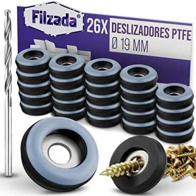 Imagen de Filzada® 26x Almohadillas de Teflón para Muebles, con Tornillo Ø 19 mm (redondo) Deslizadores muebles/deslizadores alfombras PTFE (Teflón) incl. tornillos