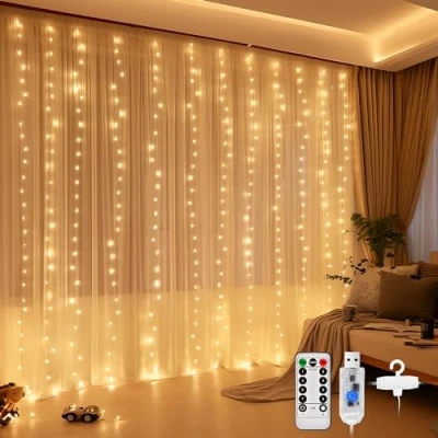 Imagen de DazSpirit Luces de Cadena Cortina, 3Mx3M 300 LED Cortina Luz USB con Mando a Distancia 8 Modos Luz, Resistente al aguapara para Decoración Navidad Fiestas (Blanca Cálida)