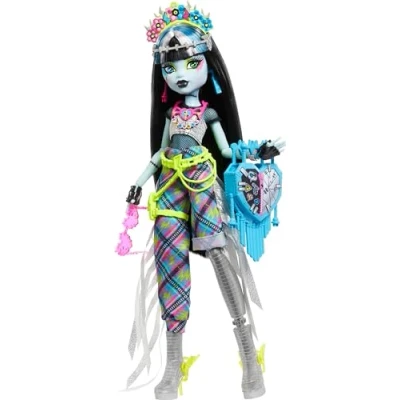 Imagen de Monster High Fest Frankie Stein, Muñeca con Top de Malla, Pantalones Plateados Flecos asimétricos y Accesorios temática Festival, Juguete Regalo para niños niñas +4 años, HXH79