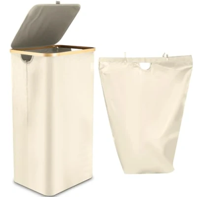 Imagen de Cesto ropa sucia con Tapa 100L, Nolsa Bolsa Extraíble, Laundry Basket de Bambú,Diseño plegable (Beige 100L)