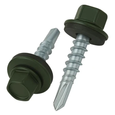 Imagen de 4.8 mm x 25 Tornillos para techos, cabeza hexagonal, autoperforantes, color (RAL 6020 Verde cromo) con arandela de sellado, Tornillo endurecido chapado en zinc a prueba óxido (50 pcs)