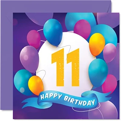 Imagen de Tarjeta de cumpleaños número 11 para niños y niñas, fiesta globos, tarjetas feliz años, hermano, hermana, hijo, hija, nieto, nieta, primo, felicitación