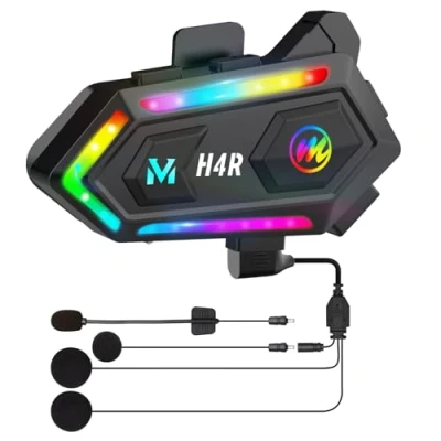Imagen de Moman Auriculares Casco Moto, H4R【RGB Luz】 Manos Libres Moto Inalámbricos Capacete Asistente de Voz IPX6 Impermeable Cancelación Ruido, Motocicleta