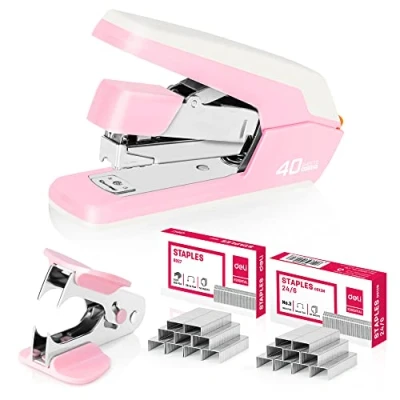 Imagen de deli Engrapadora de escritorio estándar sin esfuerzo, grapadora con un solo dedo, adecuada para accesorios oficina y suministros en casa (rosa)