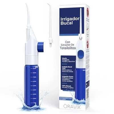 Imagen de Oravix Irrigador dental portatil, bucal con 2 boquillas: Limpieza y Extractor de tonsilolitos, Solución para eliminar el mal aliento, Depósito agua 120ml, viaje