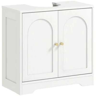 Imagen de HOMCOM Mueble bajo Lavabo de Baño con 2 Puertas Diseño Arco Estante Ajustable Tiradores Dorados para o sin Pedestal 60x30x65 cm Blanco