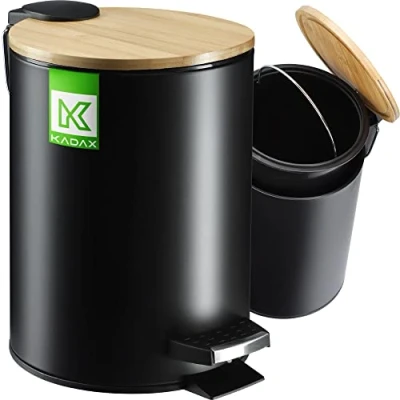 Imagen de KADAX cubo de basura baño 3 litros en 5 colores, pequeño con pedal extraíble, tapa bambú, para y WC (negro)