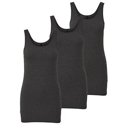 Imagen de ONLY 15201465 Paquete de 3 camisetas básicas sin mangas para mujer, color blanco, negro, gris, azul y crema, camiseta larga verano, gris (Dark Grey Melange), XL