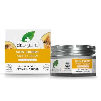 Imagen de Dr Organic Skin Expert Crema de noche con jalea real, todo tipo piel, hombres, mujeres, natural, vegetariana, sin crueldad, parabenos ni SLS, reciclada y reciclable, orgánica, 50 ml