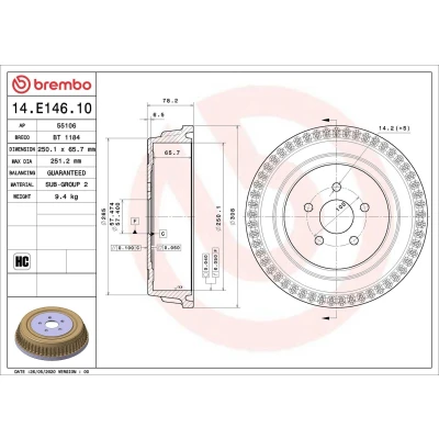 Imagen de BREMBO 14.E146.10 Tambor de Freno 250,1 CHRYSLER: Voyager / Grand 3