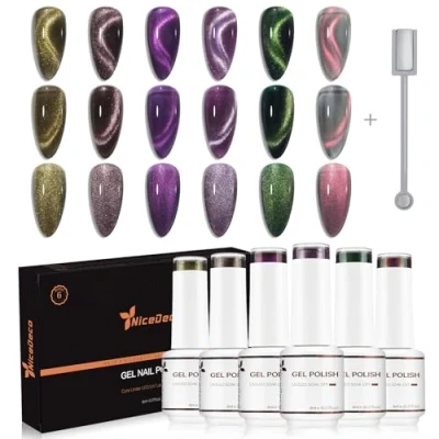 Imagen de Nicedeco Cat Eye Gel Nail Polish Set, UV/LED Soak Off Magnetic Art Manicure Pedicura para uso profesional Larga duración y fácil de aplicar Sin crueldad 6x8ml Vegano SET42