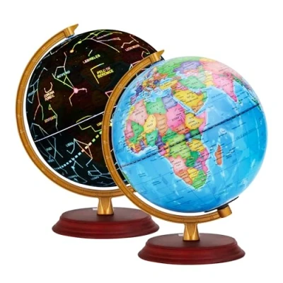 Imagen de EXERZ 20cm Globo terráqueo iluminado base madera Mapa Español Político (durante el día) Constelación de estrellas (Noche) Lámpara LED luz