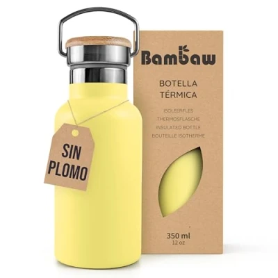 Imagen de Bambaw Botella térmica 350 ml, agua amarilla, acero inoxidable niños, termo, gimnasio, niños sin BPA Amarillo girasol
