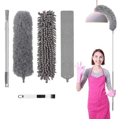 Imagen de Yolistar 5 Pcs Plumero Telescopico Extensible,Extensible Plano Mopa Plana,Plumero Palmera Longitud 38 to 250 cm,Plumero Atrapapolvo Reutilizable,para techos Altos,Ventiladores de Techo,telarañas