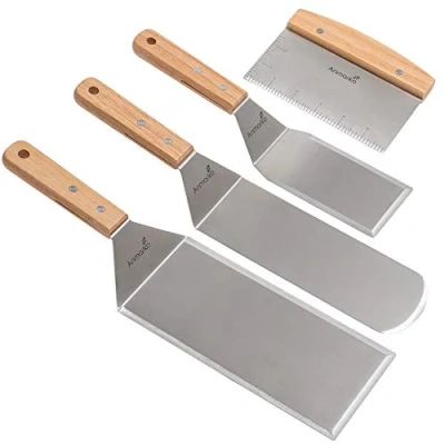 Imagen de Juego de espátula metal acero inoxidable Espátulas Tepaniyaki plana cortavientos utensilio Ideal para barbacoa parrilla parte superior hierro fundido accesorios