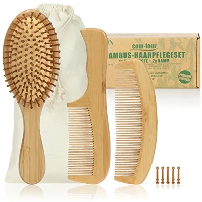 Imagen de com four® Set para el Cuidado del Cabello de 3 Piezas con Cepillo Multiuso y Dos peines Madera bambú Cada Tipo (Peines Partes + Cepillo)