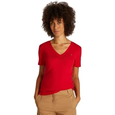 Imagen de Tommy Hilfiger Camiseta de Manga Corta para Mujer New Slim Cody V Neck con Cuello Pico, Rojo (Primary Red), S