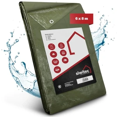 Imagen de siwitec lona de 140 g/m², 6 x 8 m, con ojales y esquinas reforzadas, impermeable para protección muebles jardín, madera barcos,