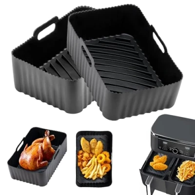 Imagen de Moldes Silicona Freidora Aire Air Fryer para de Reutilizable Accesorios Ninja Foodi AF300EU AF400EU Microondas, Negro 2 Piezas