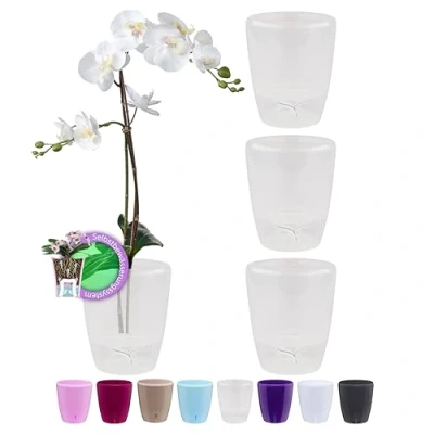 Imagen de Santino Juego de 4 Macetas para Orquídeas Ø 15cm Autorriego con Sistema Mecha e Indicador Nivel Agua Interior (Ø 2L Transparente)